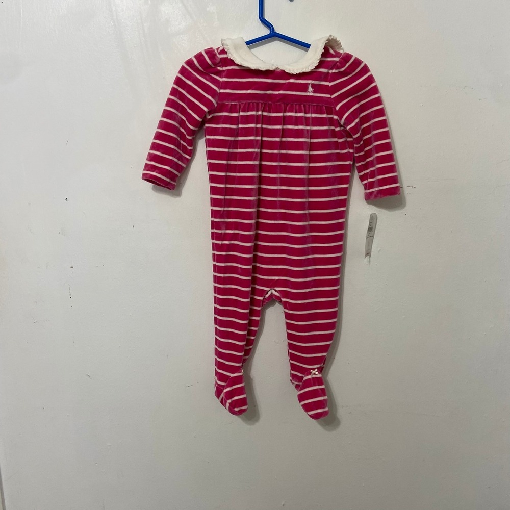 Ralph Lauren Hot Pink White Striped Velour One Piece Outfit White Collar Footies